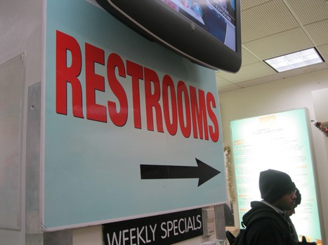 The restrooms at J & R Music in lower Manhattan are in the technology department.